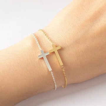 Crucifix Jesus Christian Horizontal Sideways Cross Charm Bracelets for Women - Stainless Steel Religious Jewellery - The Jewellery Supermarket